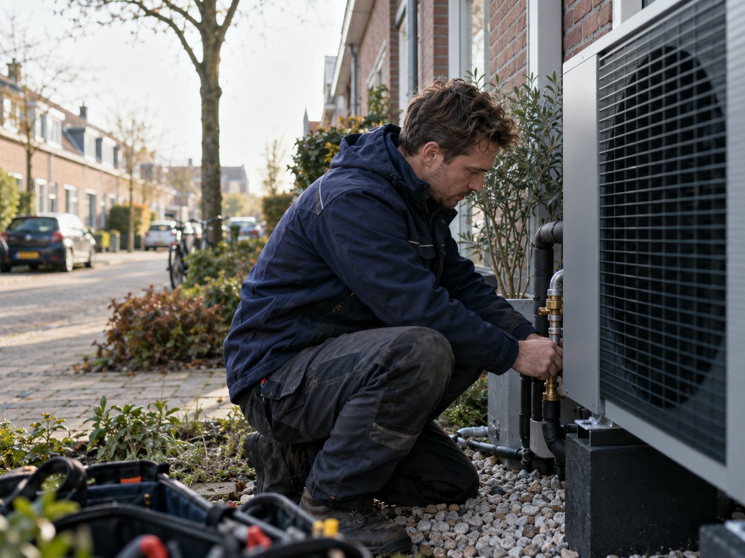 Een monteur controleert een warmtepomp